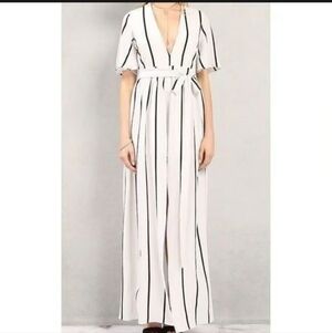 Midnight Doll Women's Striped Jumpsuit With Shorts And Open Front Maxi Skirt